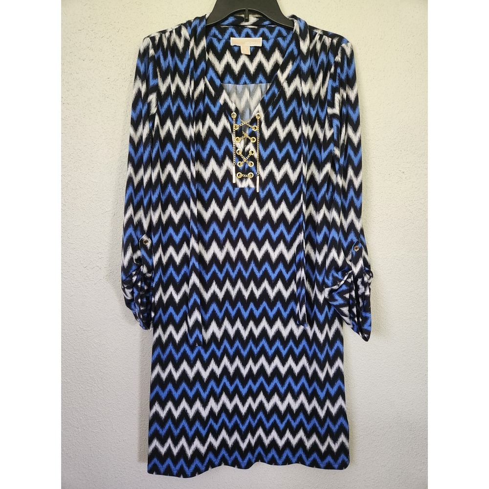 Michael‎ Kors Blue Chevron Midi Tunic Dress Gold Chain Lace Up W/ Belt Womens M